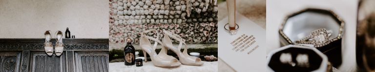 Creative wedding details shot of Jimmy Choo rings and