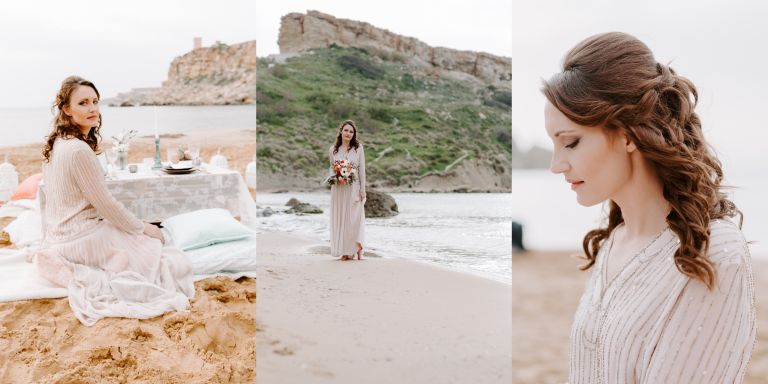 Bride wearing a vintage wedding dress on Għajn Tuffieħa beach