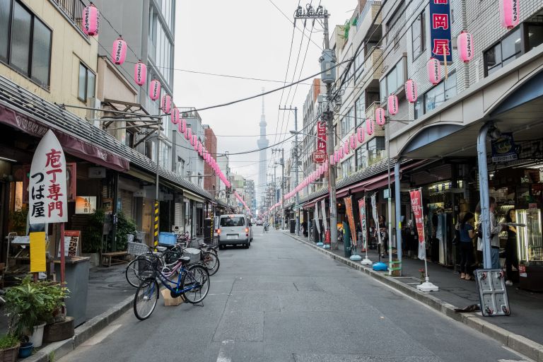 Bicycles in traditional Japanese street in Tokyo