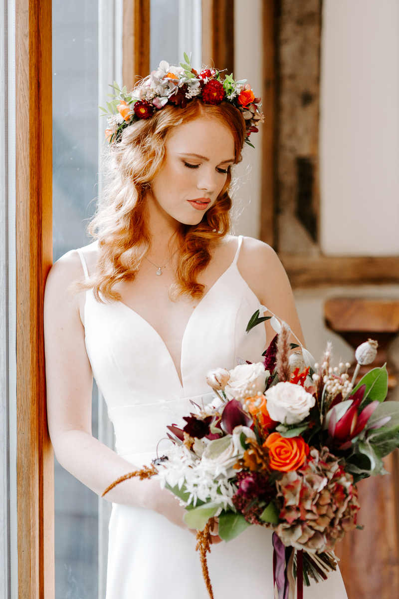 Auburn bride with autumnal floral crown