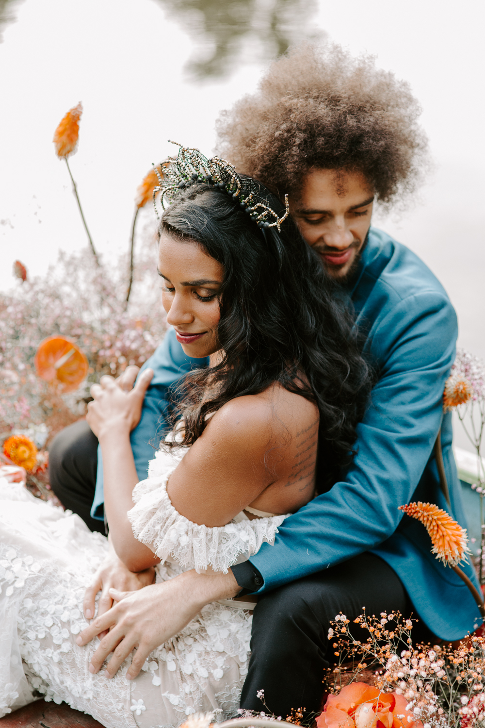 Lake wedding portraits at Walcot Hall